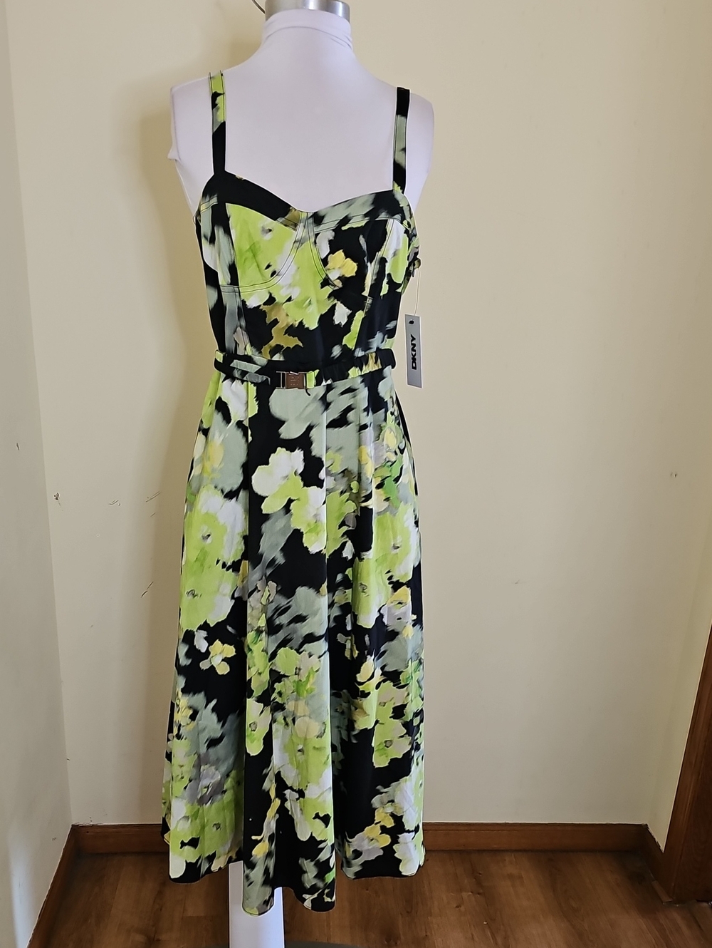 DKNY Black and Lime Floral Backless Midi Dress